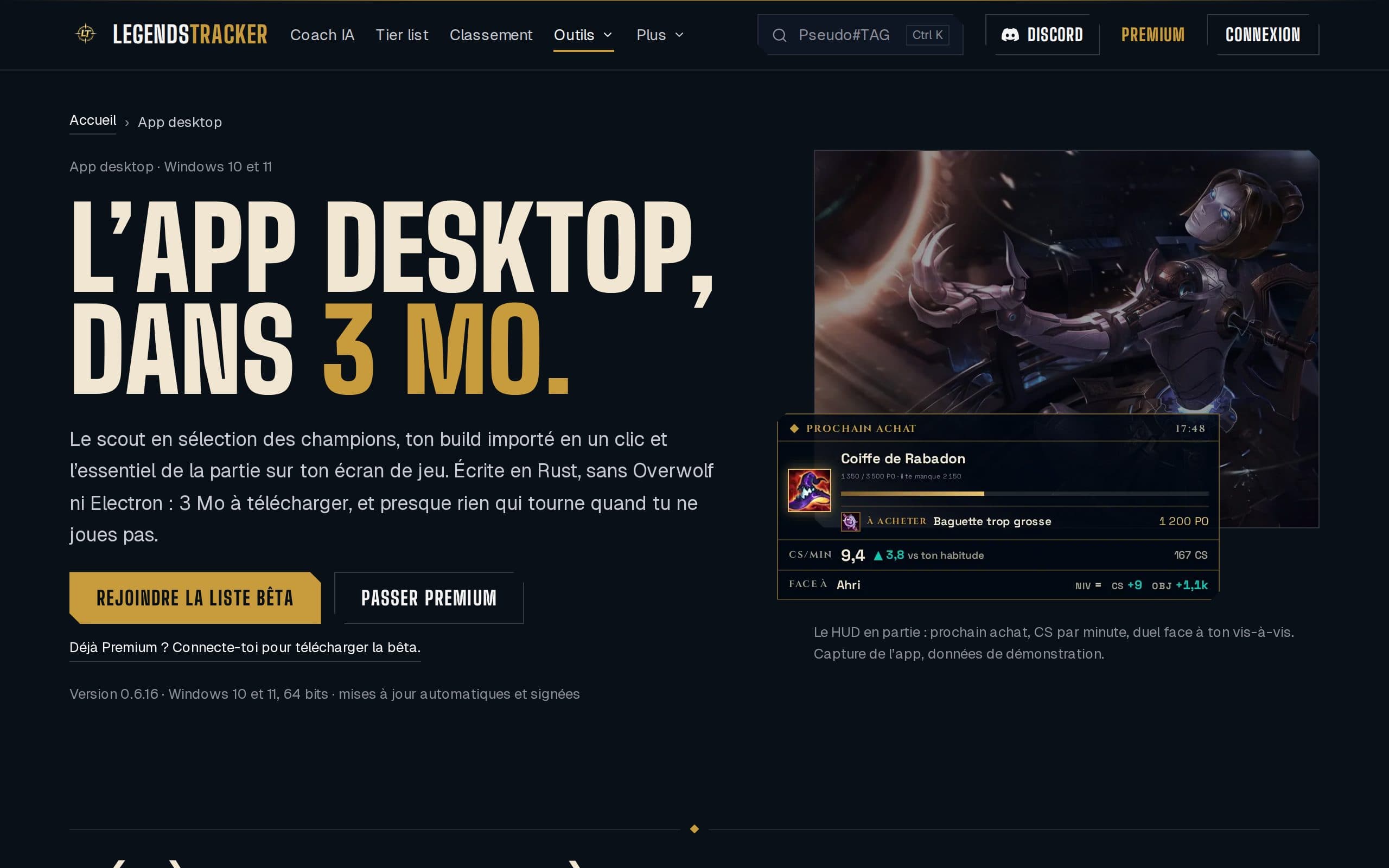 Page de téléchargement de LegendsTracker Overlay, avec l'affichage en jeu de l'application